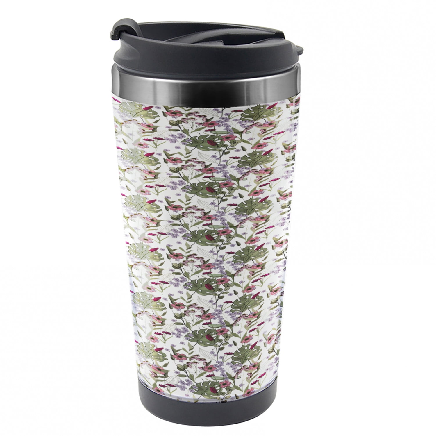 Botanical Travel Mug Monstera Leaf And Flowers Steel Thermal Cup 16 Oz By Ambesonne Walmart Com Walmart Com