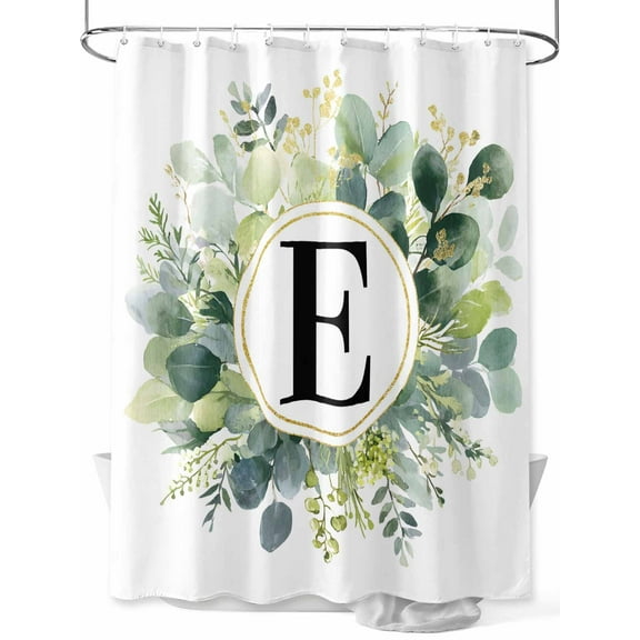 Shower Curtain Letter E Bathroom Curtains with Hooks, Waterproof Fabric Alphabet Green Eucalyptus Leaves Bath Shower Curtains Set for Bathroom Bathtubs Decor 36x72 Inch