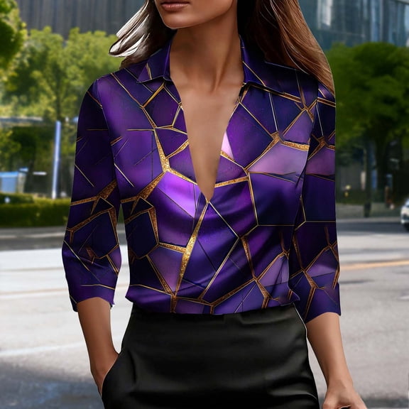 Modern Blouse for Women Bold Geometric Color Block Lapel V Neck Long Sleeve Smooth Fabric Relaxed Fit Office Workwear Button Down Top