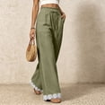 thumbnail image 5 of Women Straight Leg Pants with Lace Hem Trim, Elastic Drawstring Waist Casual Long Trousers with Pockets, Solid Loose Daily Pants for Vacation Army Green XL(XL), 5 of 7