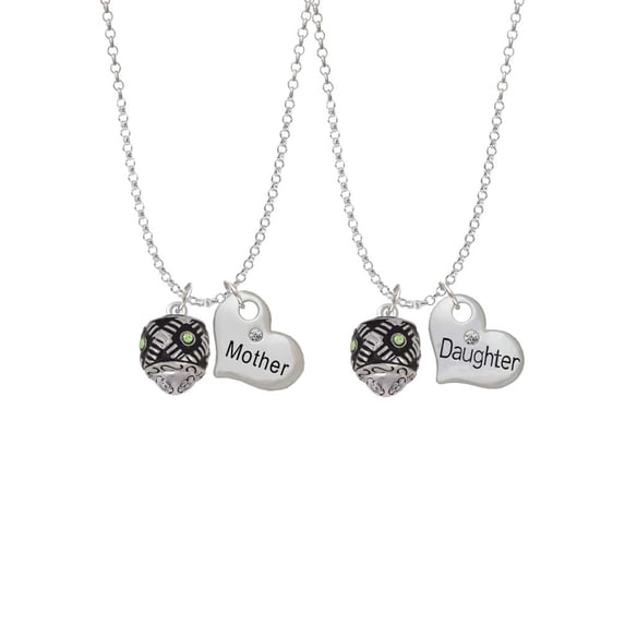 Delight Jewelry Silvertone Diagonal Banded Barrel with Lime Green Crystals Spinner Mother & Daughter Heart Necklaces (Set of 2), 19"+2"
