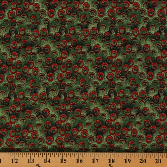 Cotton Peacock Ornaments Emerald Green Feathers Metallic Gold Fleck Cotton Fabric Print by the Yard (M7485)