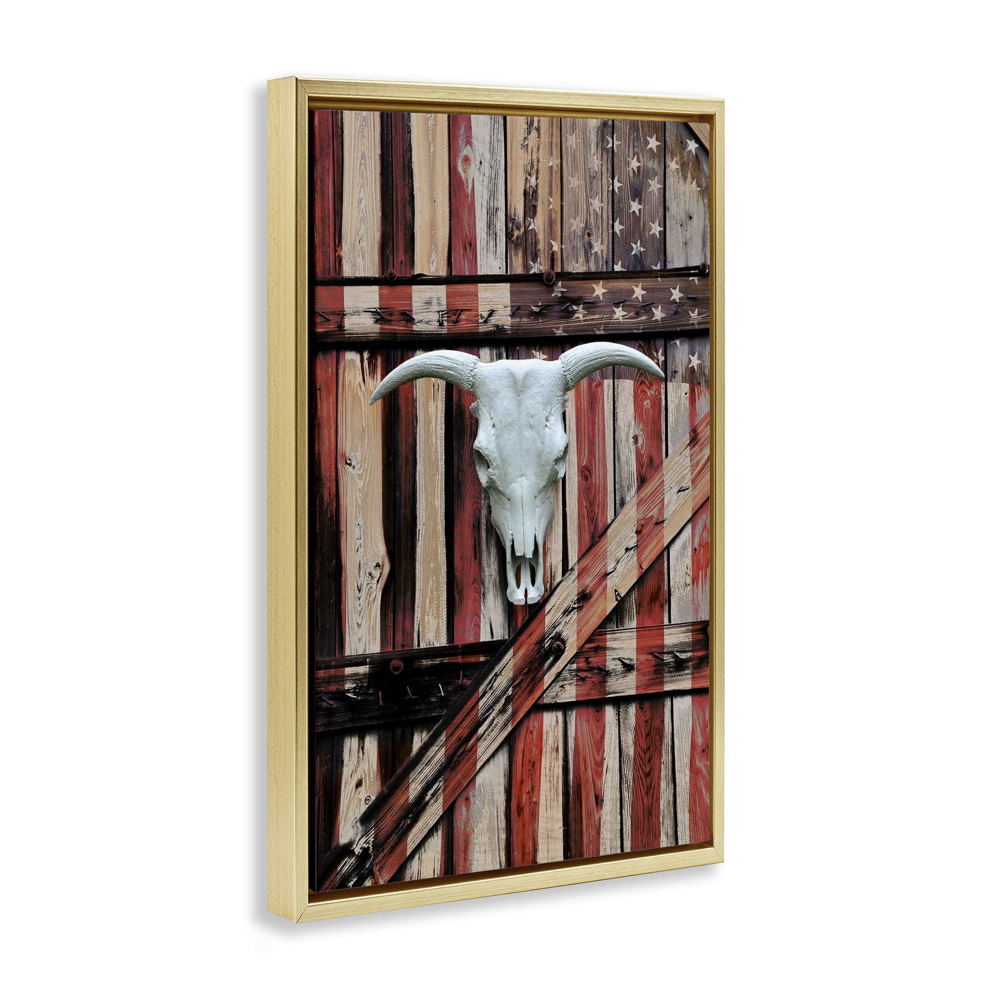 Stupell Industries Patriotic Cow Skull Transportation Painting Gold Floater Framed Art Print Wall Art, 17 x 25
