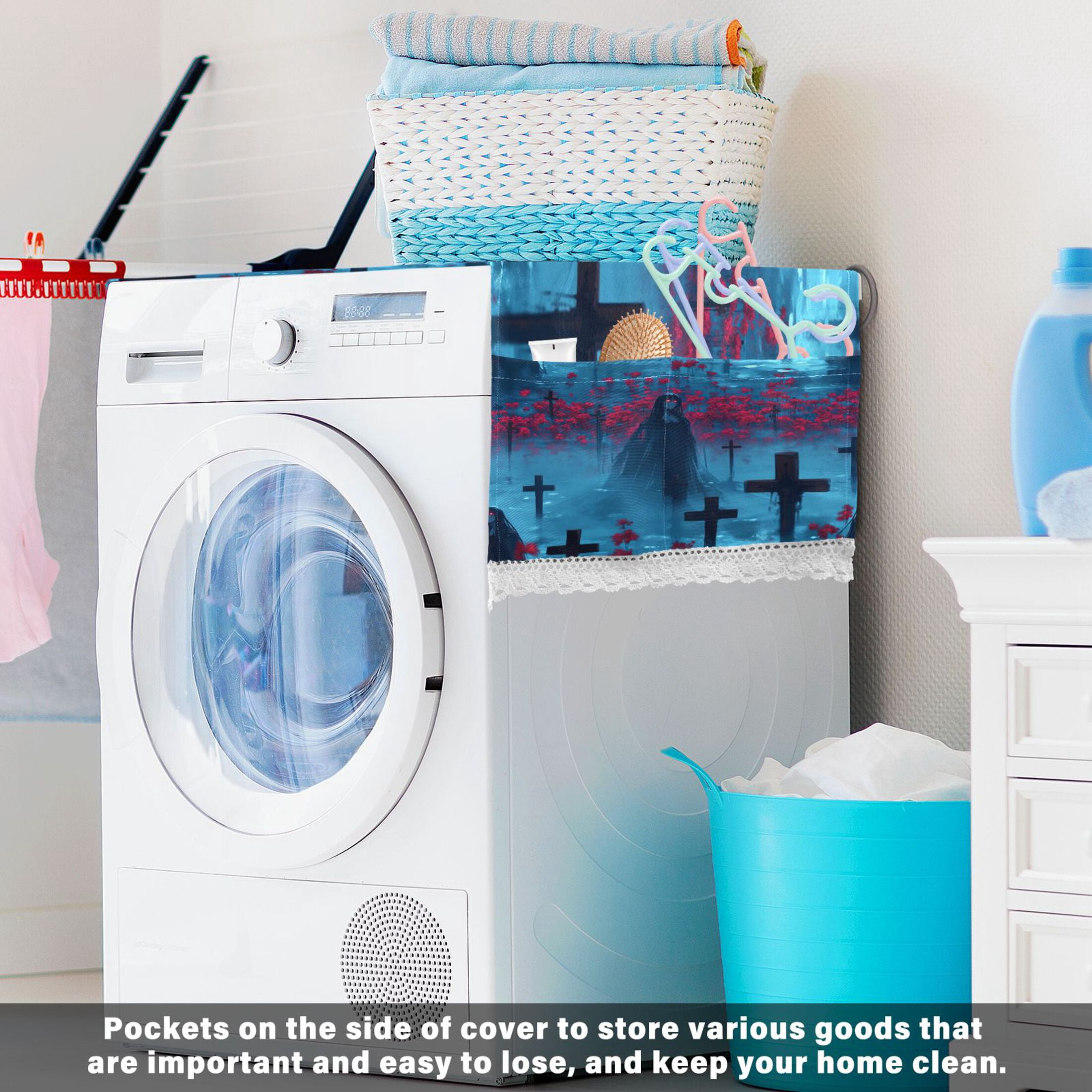 Black Haired GirlWasher and Dryer Covers Dust-Proof and Oil Resistant Fridge Cover with 4 Storage Pockets Washing Machine Top Cover for Laundry Kitchen Home 51.2 x 22 In