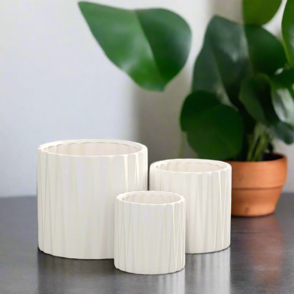 Olenna Textured Ceramic Vertical Pot Set of 3 – Decorative Indoor Planter Pots for Home & Garden, Small Medium Large Ceramic Plant Pot ( White)