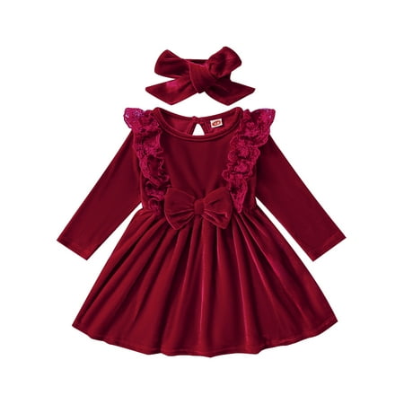 

Infant Baby Girls Christmas Velvet Princess Dress Wine Red Long Sleeve Flouncy Flannel Skirt + Bowknot Headdress Xmas Party