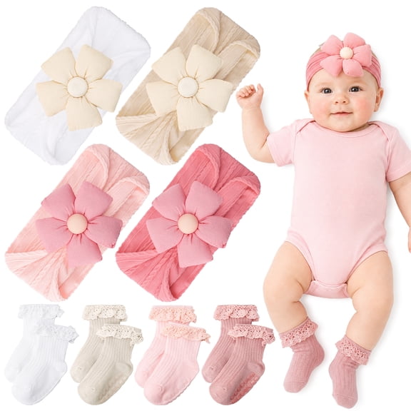 Bocaoying 4 Pairs Baby Cotton Socks and 4 Pcs Baby Headbands, Infant Newborn Lace Socks, Stretchy Hair Bows Set, Non-Slip Grips Crew Socks, Cute Girl Headwear Essentials (For 0-12 Month)