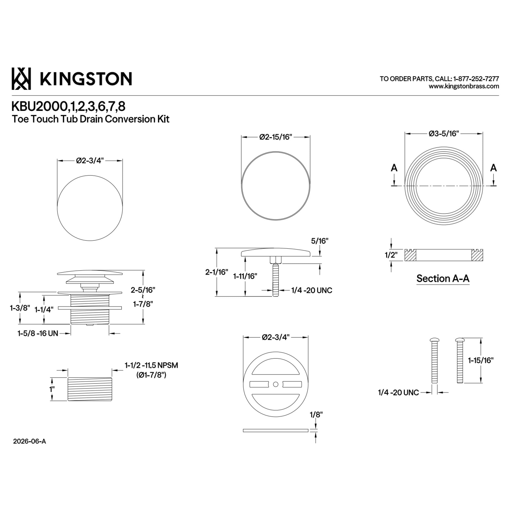 Kingston KBU2000 Eugene Toe Touch Tub Drain Conversion Kit in Matte Black