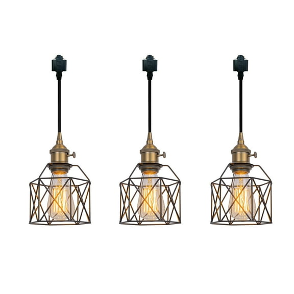 KAYYELAMP Total Length 11.8 Inches H-Type Track Light Vintage Design E26 Brown Bronze Base Black Cage Set Three Drop Light for Kitchen Sink Loft Stairways Loft(No Bulb, Track)