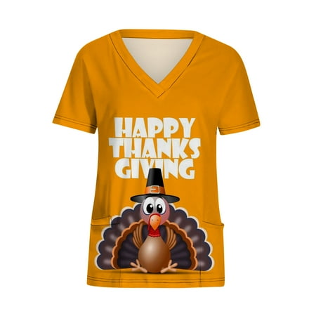

50% off clear! Plus Size Thanksgiving Scrubs Tops for Women Turkey Print Short Sleeve V-Neck Nurses Workwear Medical Working Uniforms Shirts Blouse with Pockets
