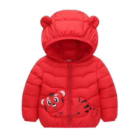 

nsendm Toddler Boys Girls Winter Windproof Cartoon Tiger Prints Bear Ears Hooded Girls Winter Ski Jacket And Pants Coat Red 4-5 Years