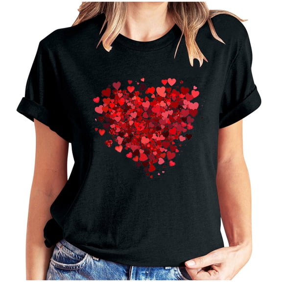 mihongmao Valentine Short Sleeve Tops for Women Short-sleeved Crew-neck Pullover Casual Valentine's Day Black 3X