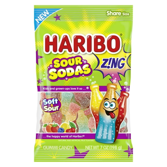 Haribo Sour Soda Gummies Original Assorted Sour Gummy Candy, 7oz, Share Bag