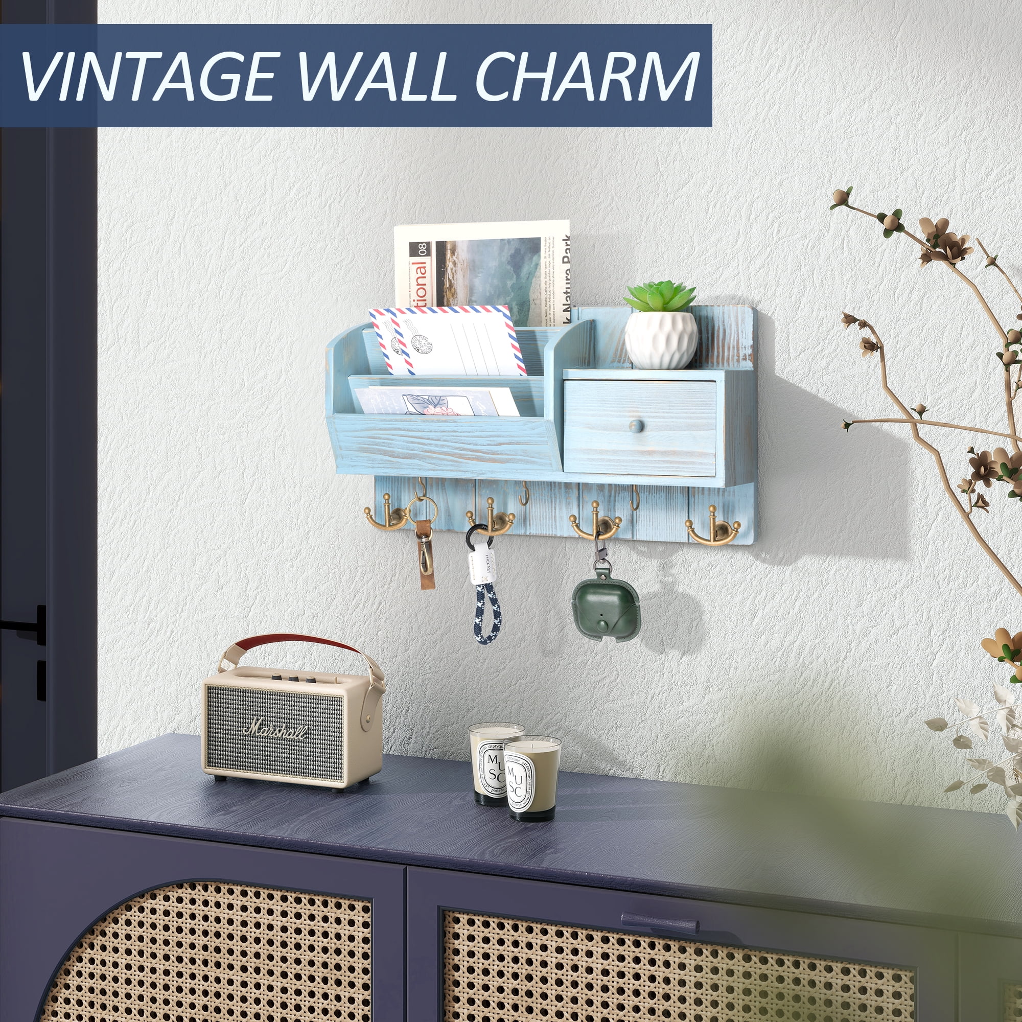 Rebee Vision Key and Mail Holder Wall Mount - Mail Organizer Wall Mount with 7 Hooks and Mail Sorter (Blue,16inch)