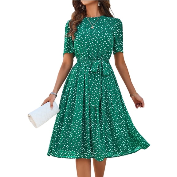 Stichou Women Summer O Neck Beach Dress Elegant Dot Print Long Sleeve Chiffon A Line Casual Sundress Green M