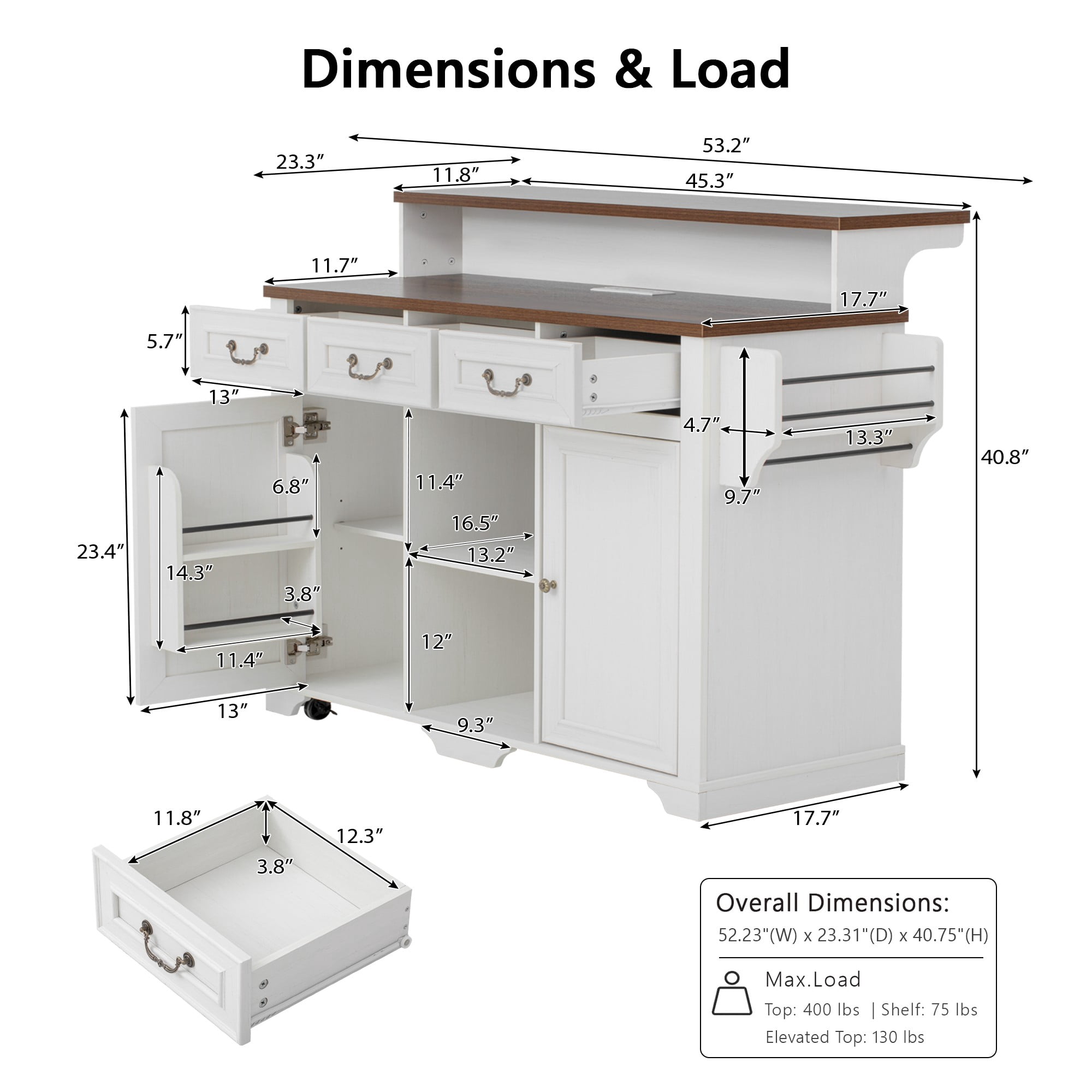 Homy Casa 52" Farmhouse Kitchen Island Cart with Power Outlet, Rolling Storage Cabinet, White