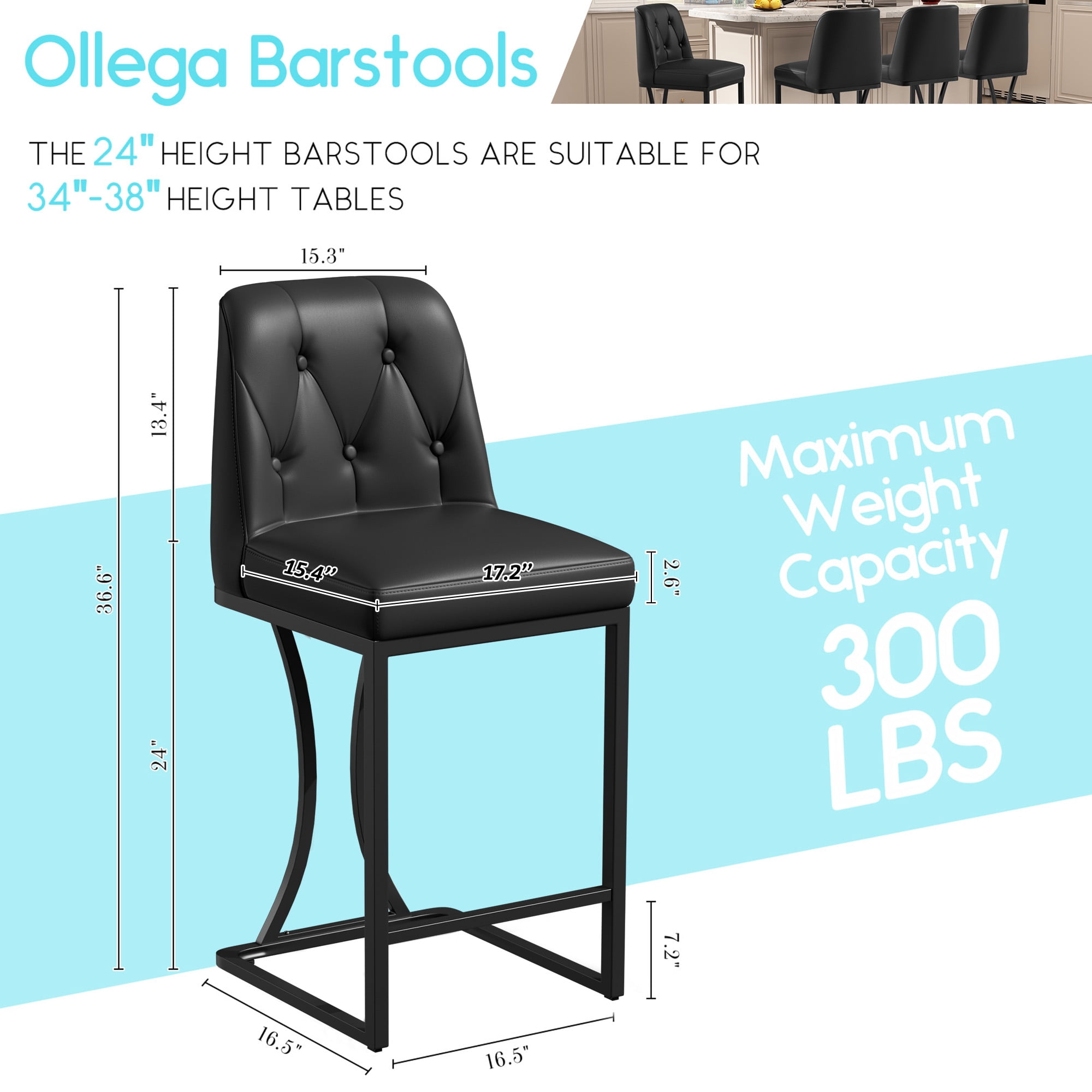 iooHug Set of 2 Black Bar Stools, 24" Counter Height Bar Stools, Faux Leather Bar Chairs with Back and Black Footrest, Modern Kitchen Island Stools for Dining Room or Bar Area