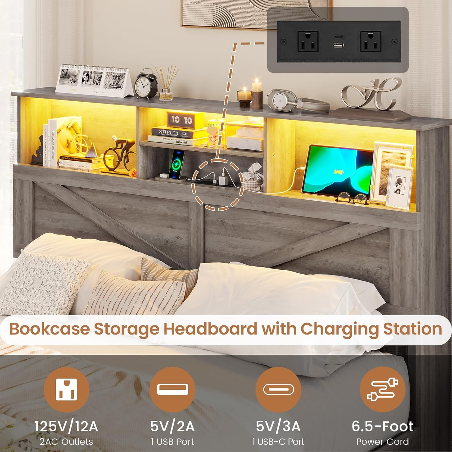Queen Rustic Bed Frames With Storage Headboard Bookcase, Farmhouse Wooden Platform Panel Bed with 4 Drawers & Charging Station, No Boxing Need, Vintage Gray