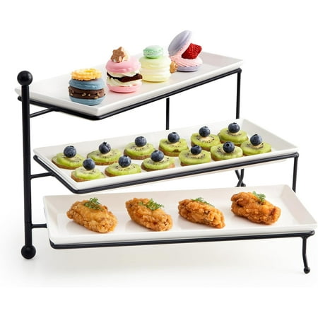 

3 Tiered Serving Stand Foldable Rectangular Food Display Stand with White Porcelain Platters - Serving Trays Dessert Display Server for Brithday Party Valentine s Day and Events