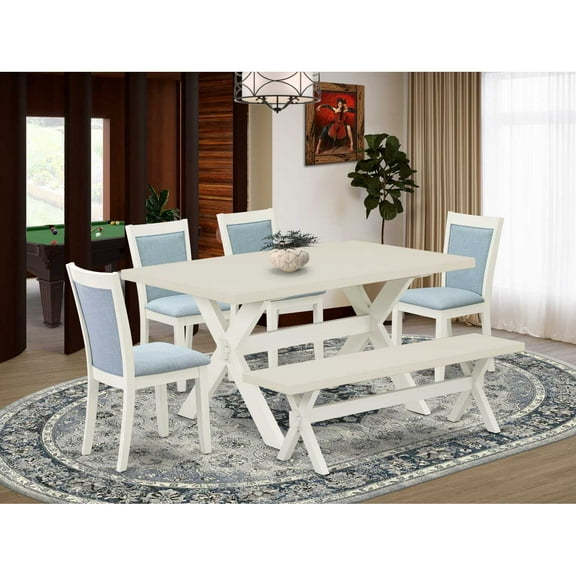 East West Furniture X026MZ015-6 6-Pc Dining Set Contains a Wood Table - 4 Baby Blue Dining Chairs and a Small Bench - Wire Brushed Linen White Finish