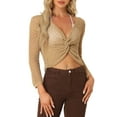 thumbnail image 1 of Unique Hauts à Col en V Torsadé pour Femmes Manches Longues Pull Creux Crop Top Camel S, 1 of 6