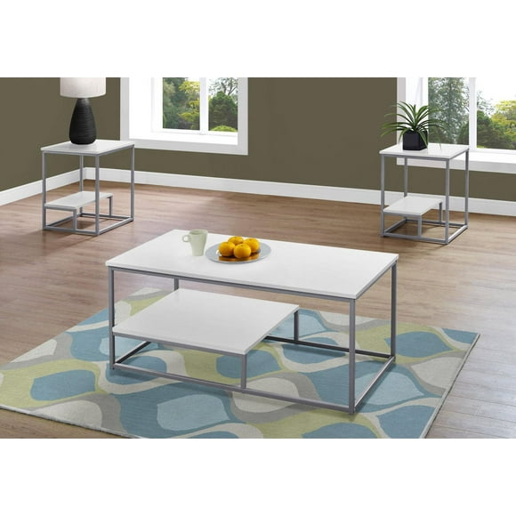 Monarch Specialties Ensemble De Table, Ensemble 3pcs, Café, Bout, Côté, Accent, Salon, Métal, Stratifié, Blanc, Gris, Contemporain, Moderne