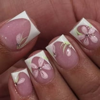 Press on Nails Short Square Glue on Nails White French Tip Fake Nails w/Flower Glitter Rhinestones Design Nude False Nails Square Short Nails Press ons Glossy Artificial Acrylic Nails for Girls 24Pcs
