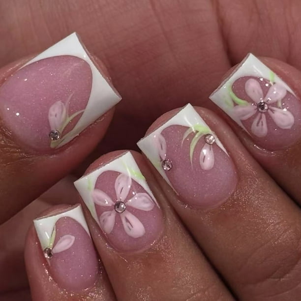 Uñas Francesas con Flores de Diamantes de Imitación Blancos | Estilo Cuadrado Corto | 24 Piezas