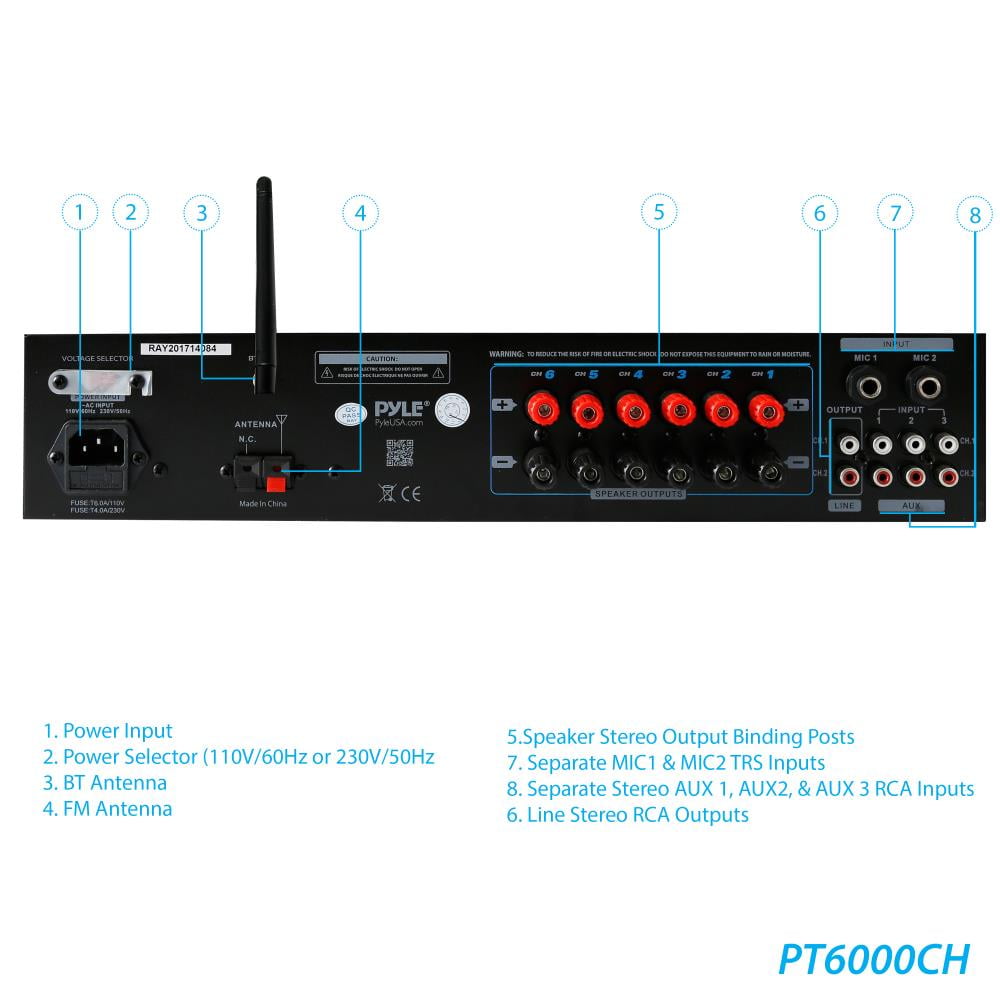 PYLE PT6000CH - 6-Ch. Powered Bluetooth Amplifier Receiver | Multi-Zone Audio & Microphone Control System with FM Radio, Mic Talkover Function, 4200 Watt
