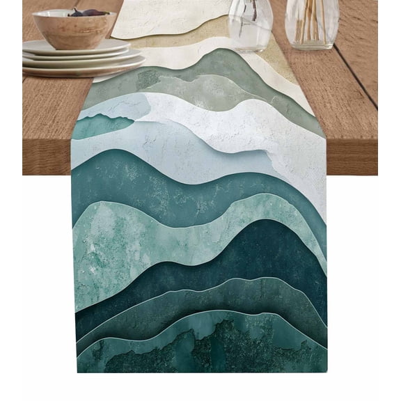 Ldtrchee Beige Teal Ombre Table Runner 70 Inches, Modern Geometric Aesthetics Abstract Bed Runner Dresser Scarves Tabletop for Indoor Outdoor Parties/Ceremony/Banquet, 13" x 70"