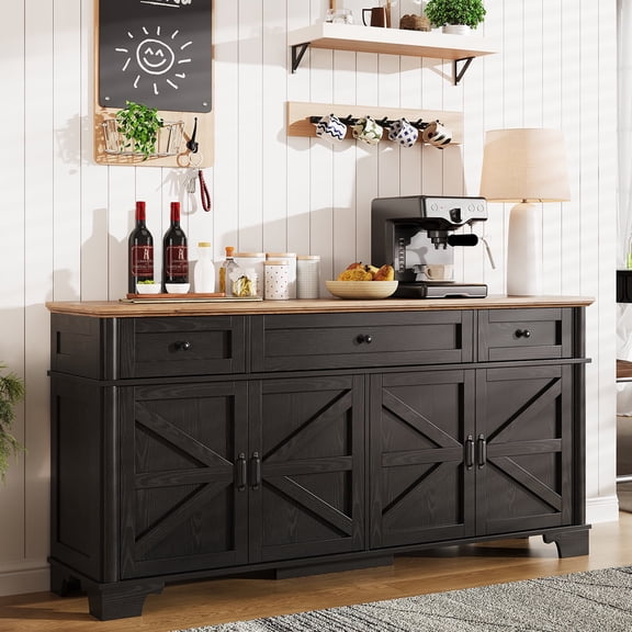 65 Inch Farmhouse Buffet Cabinet with Storage, White Sideboard Buffet Cabinet with Adjustable Shelves & 3 Drawers, Buffet Table Coffee Bar Wine Bar Storage for Kitchen & Living Room