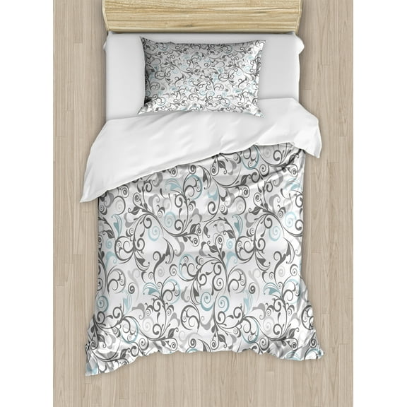 Ambesonne Floral Duvet Cover Set, Damask Antique Curls, Twin, Grey Pale Blue White