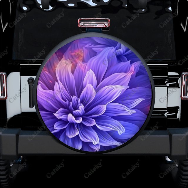 Purple And White Floral Pattern Polyester Universal Spare Wheel Tire Cover Wheel Covers for Trailer RV SUV Truck Camper