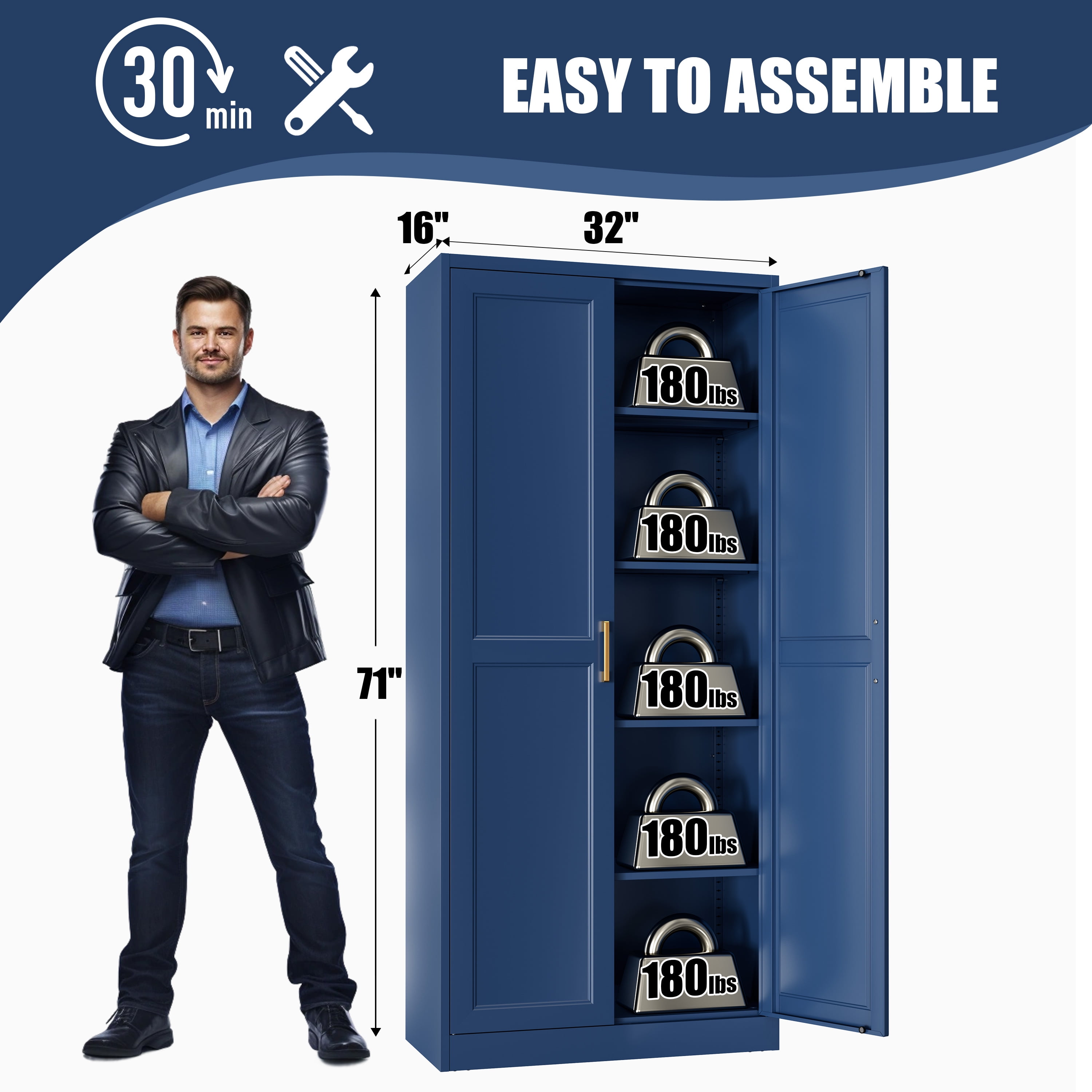 Polup 71" Height Metal Blue Storage Cabinet, Modern Steel Pantry Cupboard with 2 Doors and Adjustable Shelves for Kitchen Garage and Home