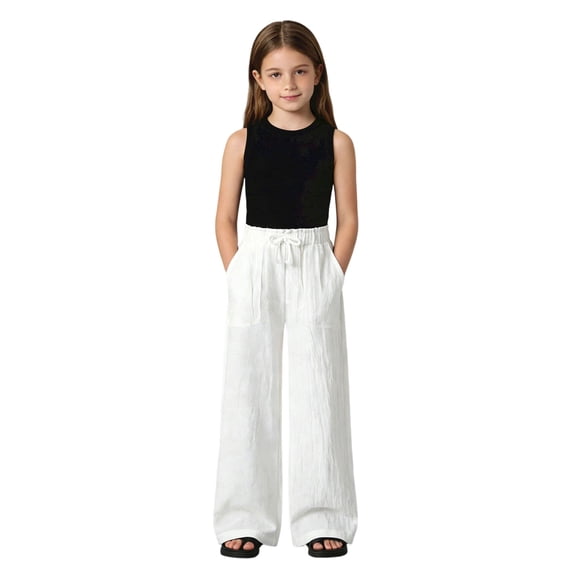 Girls Drawstring Wide Leg Pants Elastic Waist Loose Fit Lounge Trousers Solid Color Casual Bottoms 5-13 Years