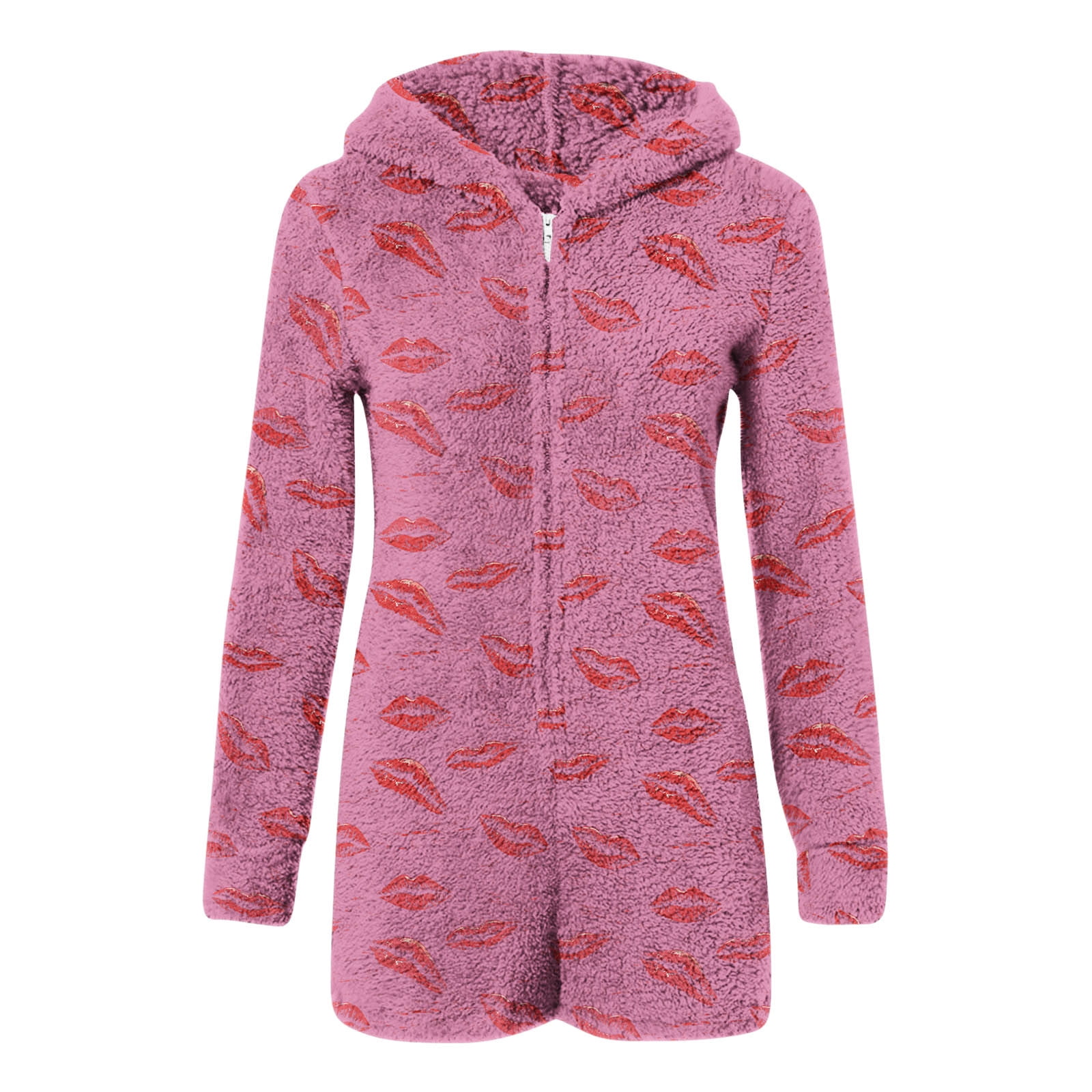 Womens Long Sleeve Onesies Pajamas Fuzzy Zip-Up Hooded Romper Warm Short Playsuit Jumpsuit Fleece Sherpa Sleepwear Hot Pink, XL