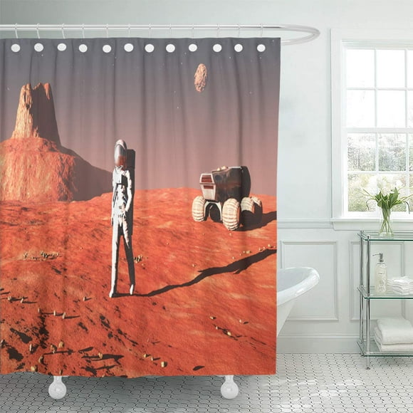 HATIART Orange Planet of Astronaut on Mars Red Mission One Landscape Rocket Space Shower Curtain Bathroom Curtain 66x72 inch