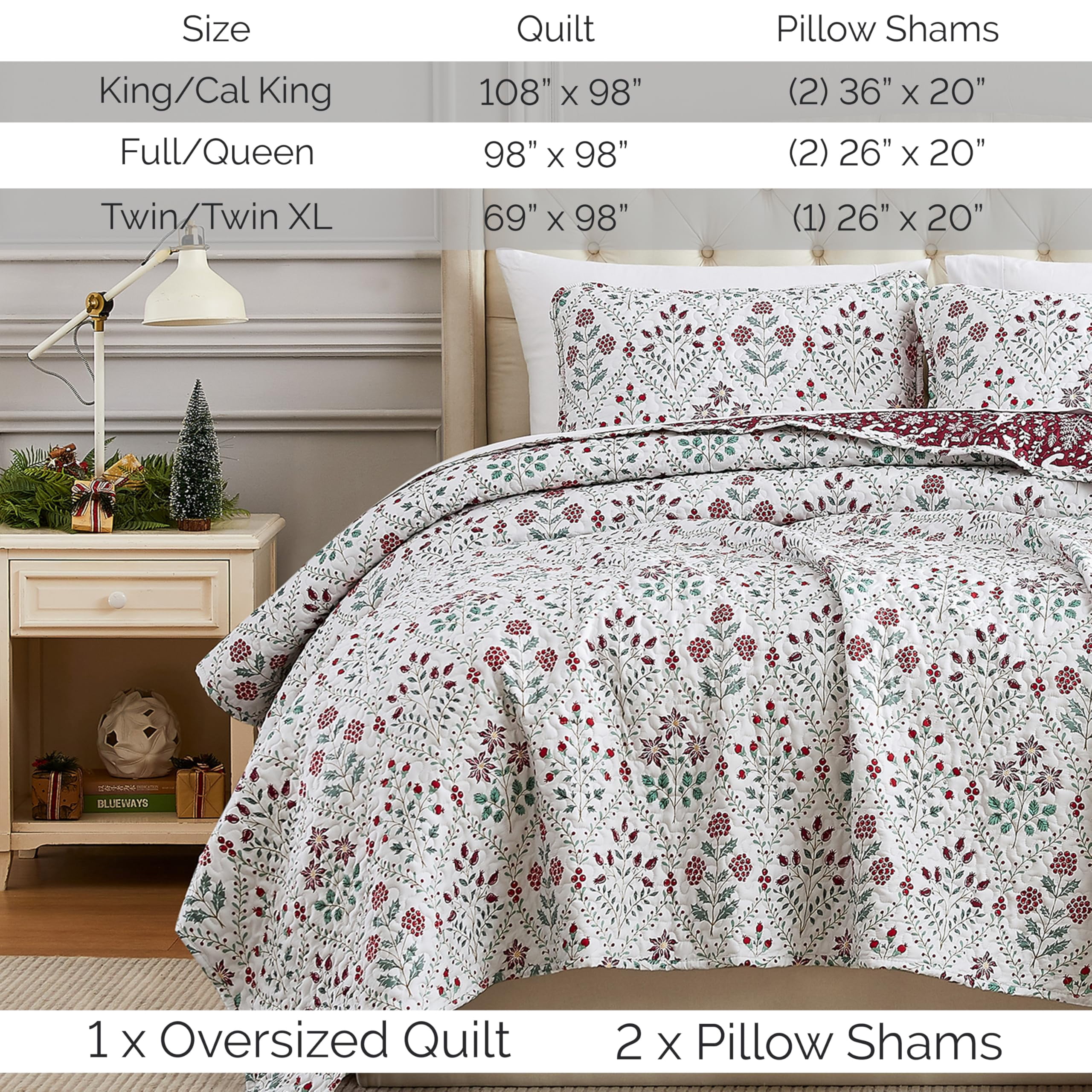 Southshore Fine Living, Inc. Red Christmas Quilt Set, King Size w/ Pillow Shams, Vintage Red & Cream
