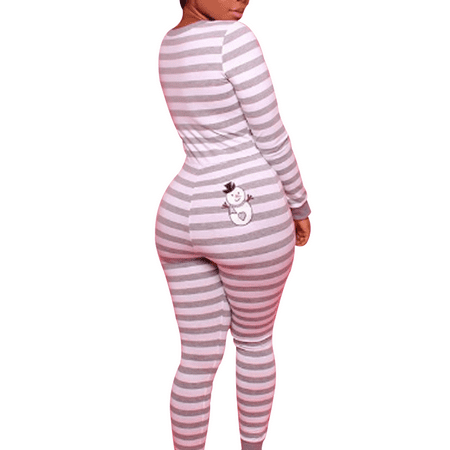 

PDYLZWZY Women Striped One Piece Pajamas Union Suit Underwear Set Long Sleeve Romper Jumpsuit Sleepwear Gray S