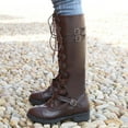 thumbnail image 3 of Povozer Women's Chunky Heel Knee High Boots with Side Zipper Lace Up Shoes Comfy Casual Round Toe Riding Combat Boots(Coffee,11), 3 of 6