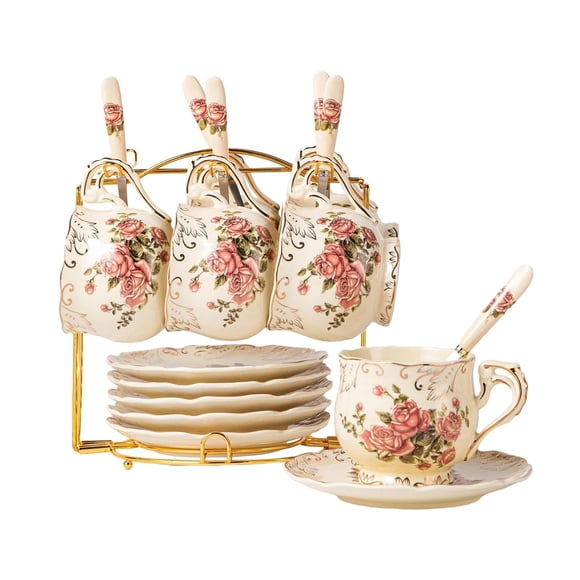 YOLIFE 8 OZ Pink Rose Tea Cups and Saucers Set of 6, Ivory Vintage Floral Porcelain Teacups Set, Coffee Cups with Golden Rack