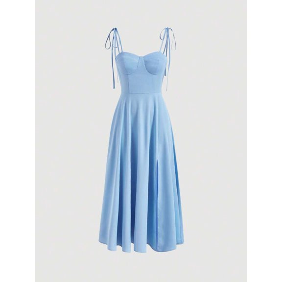 Blue Bustier Waist Tie-Shoulder A-Line Midi Cami Dress For Women, Elegant Party, Wedding Guest, Garden Outfit