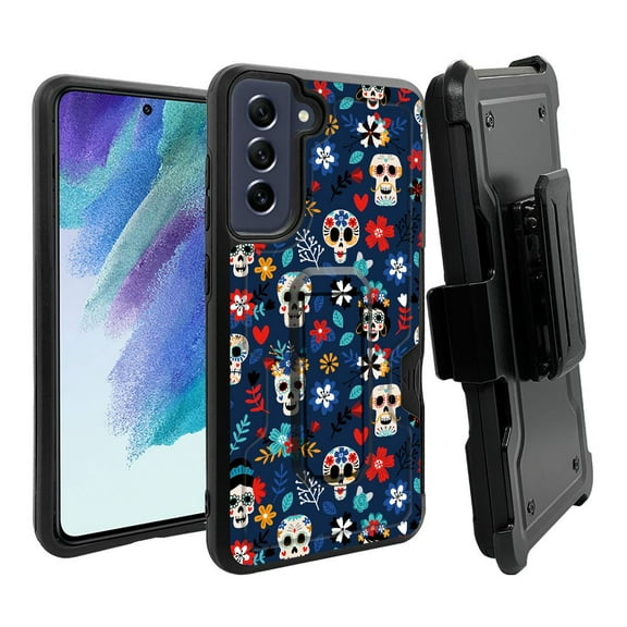 ANJ  Rugged Dual Layer Hybrid Holster Kickstand Case w/ Card Slot   Tempered Glass Cover for Samsung Galaxy S21 FE 5G - Sugar Skull Carnivals