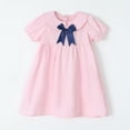 thumbnail image 4 of Spazoro Girls Cute Dresses Bow Decor, Short Puff Sleeve Collared Soft & Comfy Solid Color Casual A-Line Dress for School Pink Size 5-6 T, 4 of 8