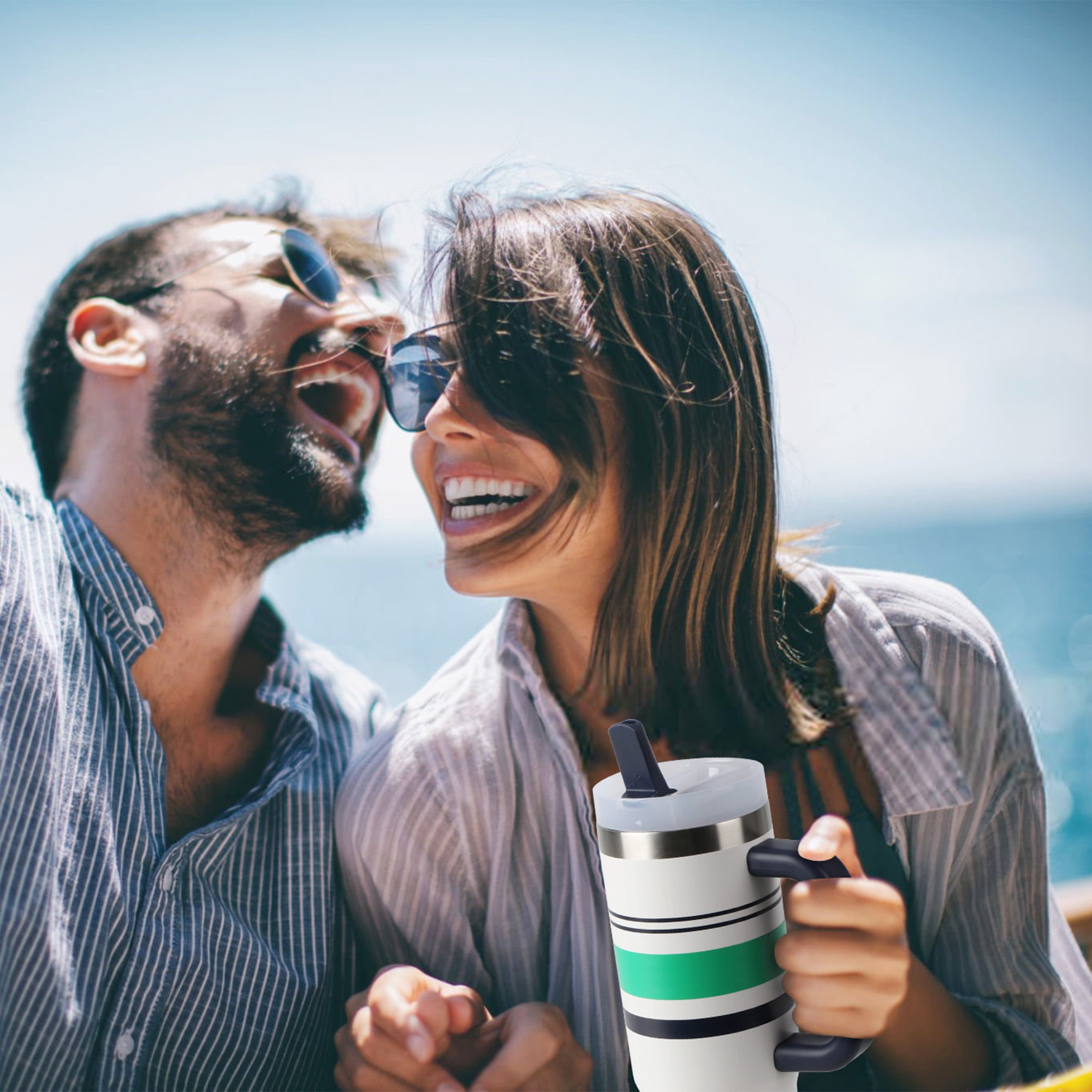 Ozark Trail 30 oz Stainless Steel Insulated Varsity Tumbler with Handle, White with Green Stripe