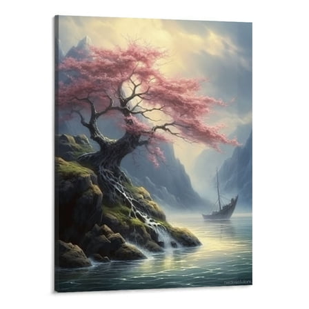 Shiartex Cherry Blossom Painting Poster Canvas Print Painting Picture Wall Art Bedroom Living Room Decor (frame,16x20 Inch)