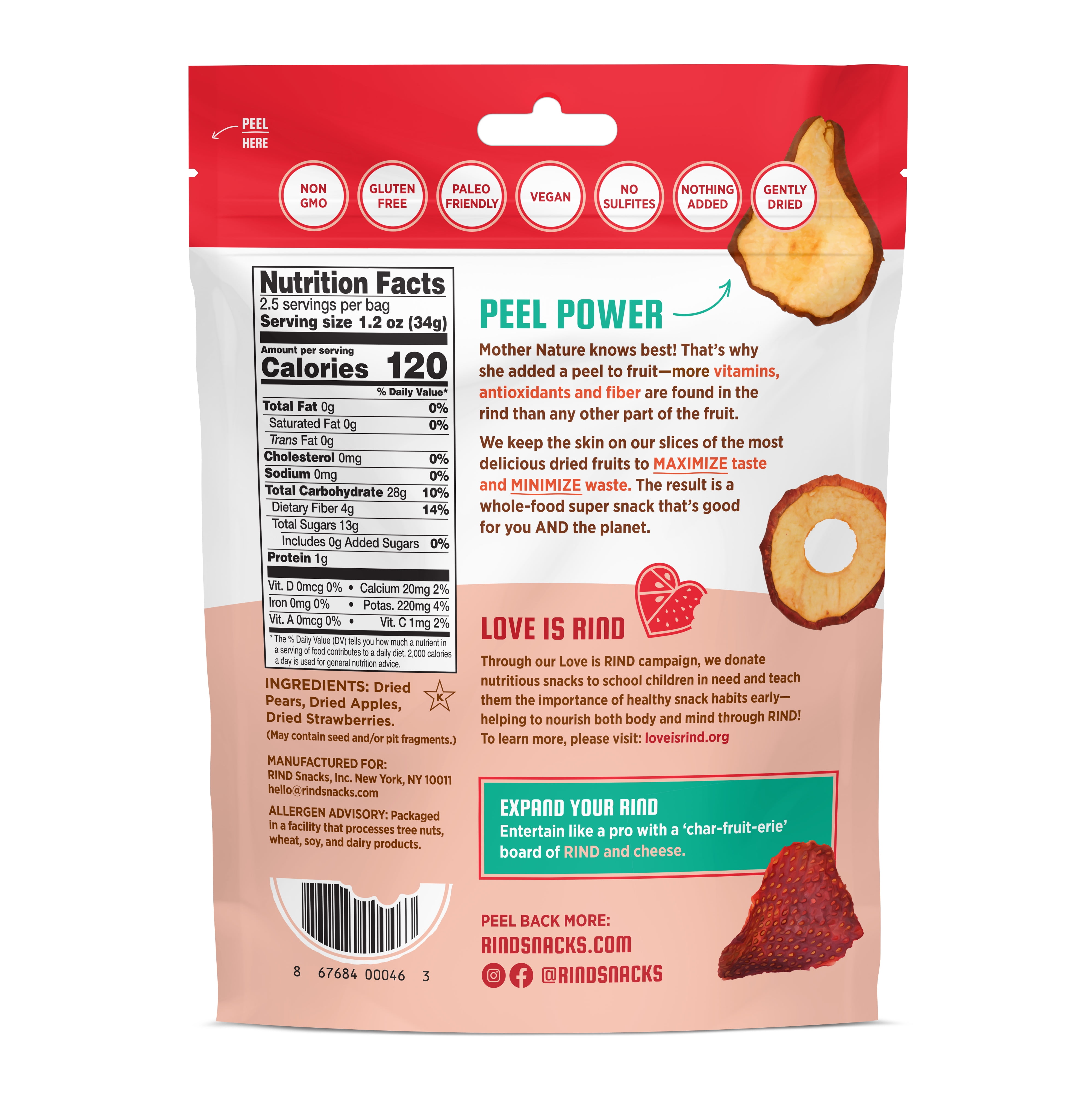 RIND Snacks Straw-Peary Dried Fruit Superfood - 3oz Bags, 6 Bags Total - Strawberry, Apple, Pear