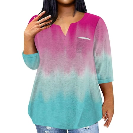 IYYVV 3/4 Length Sleeve Plus Size Summer Blouses Western Tops For Women Tie Dye Grandma Shirt V-Neck Elbow Length Graphic Tees Y2K Fall With Pocket Trendy Flowy Mama Sweatshirt Hot Pink 3XL