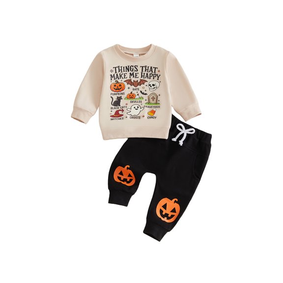 RUINIXCW Toddler Boy Halloween Outfit Long Sleeve Crew Neck Pumpkin Ghost Bat Print Sweatshirt and Jogger Pants Set