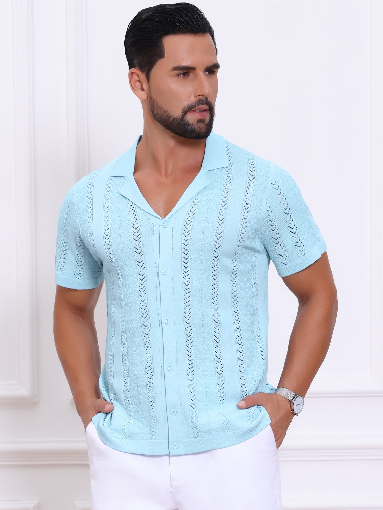 DARING DIVA Men's Hollow Knitted Shirt Short Sleeve Button Down Striped Shirts 2XL Blue